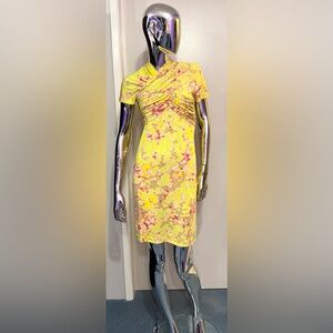 Carven - Chartreuse w/Yellow,Tan,Blush,Fuschia+Red Dress-Japanese soft shoulders